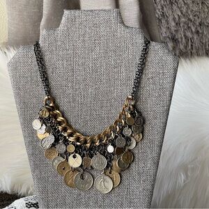 CHICO'S | Silver Gold Coins Bib Gunmetal Double Chain 17" + 4" Extender Necklace